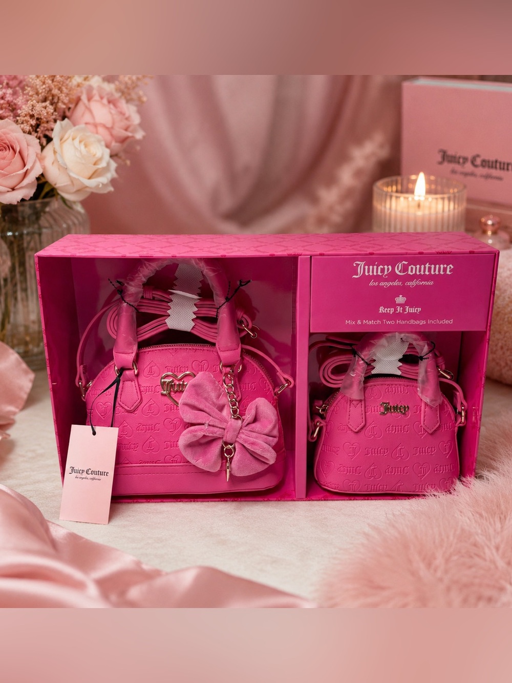 NWT Juicy Couture Pink Mix & Match 2-Piece Handbag Set w/ Bow Charm